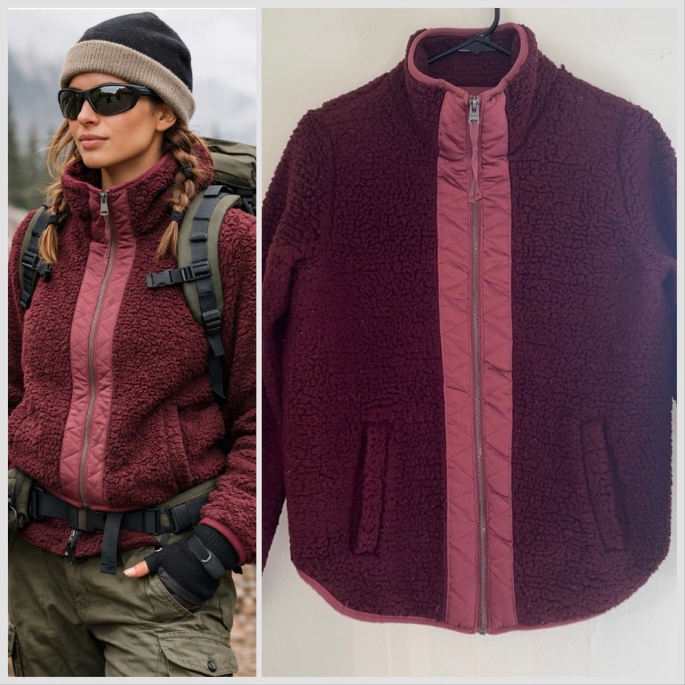 Abercrombie Fitch Womens Jacket XS Sherpa Fleece Burgundy Cozy Gorpcore Outdoors